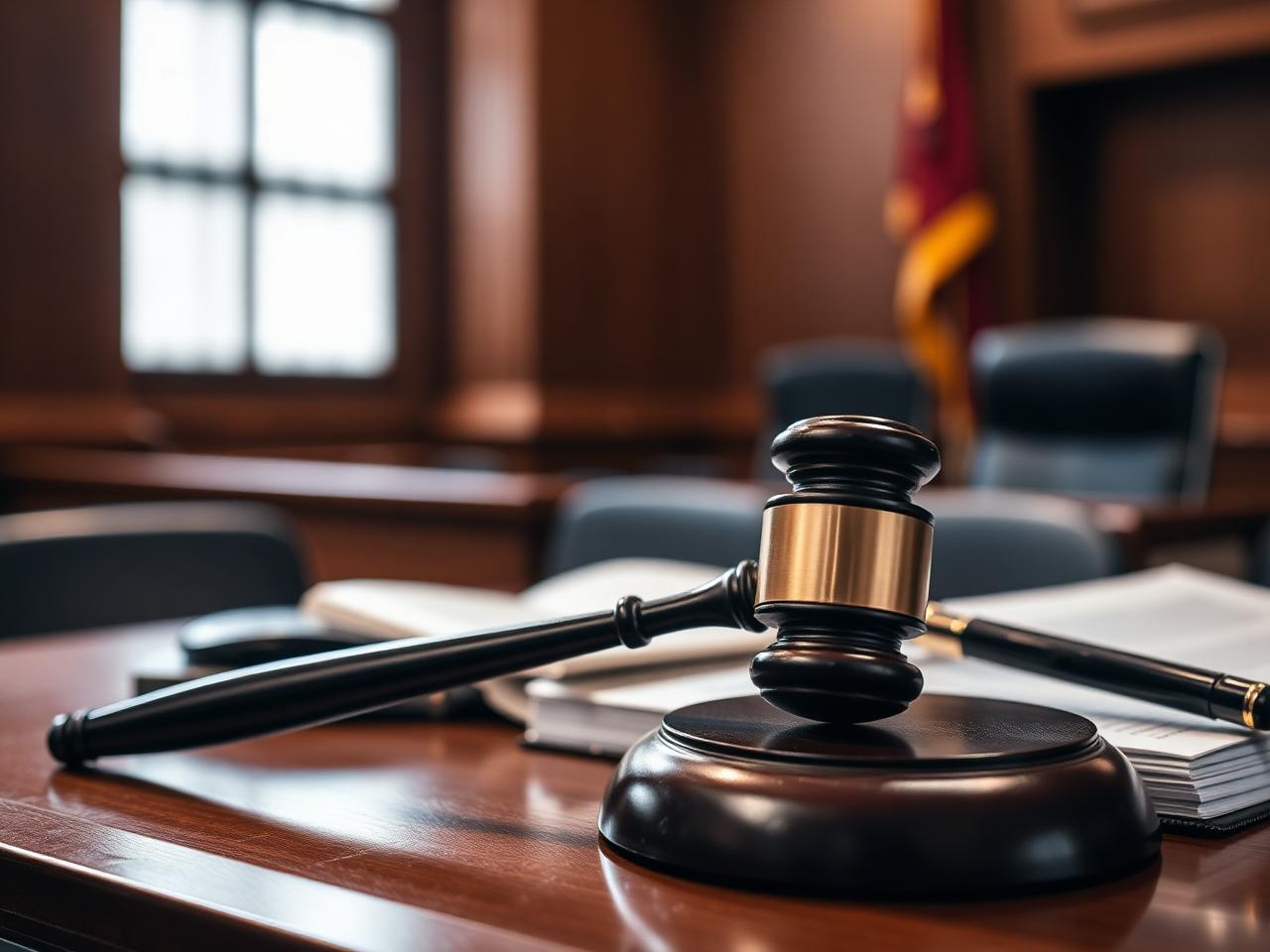 Gavel and documents in a courtroom